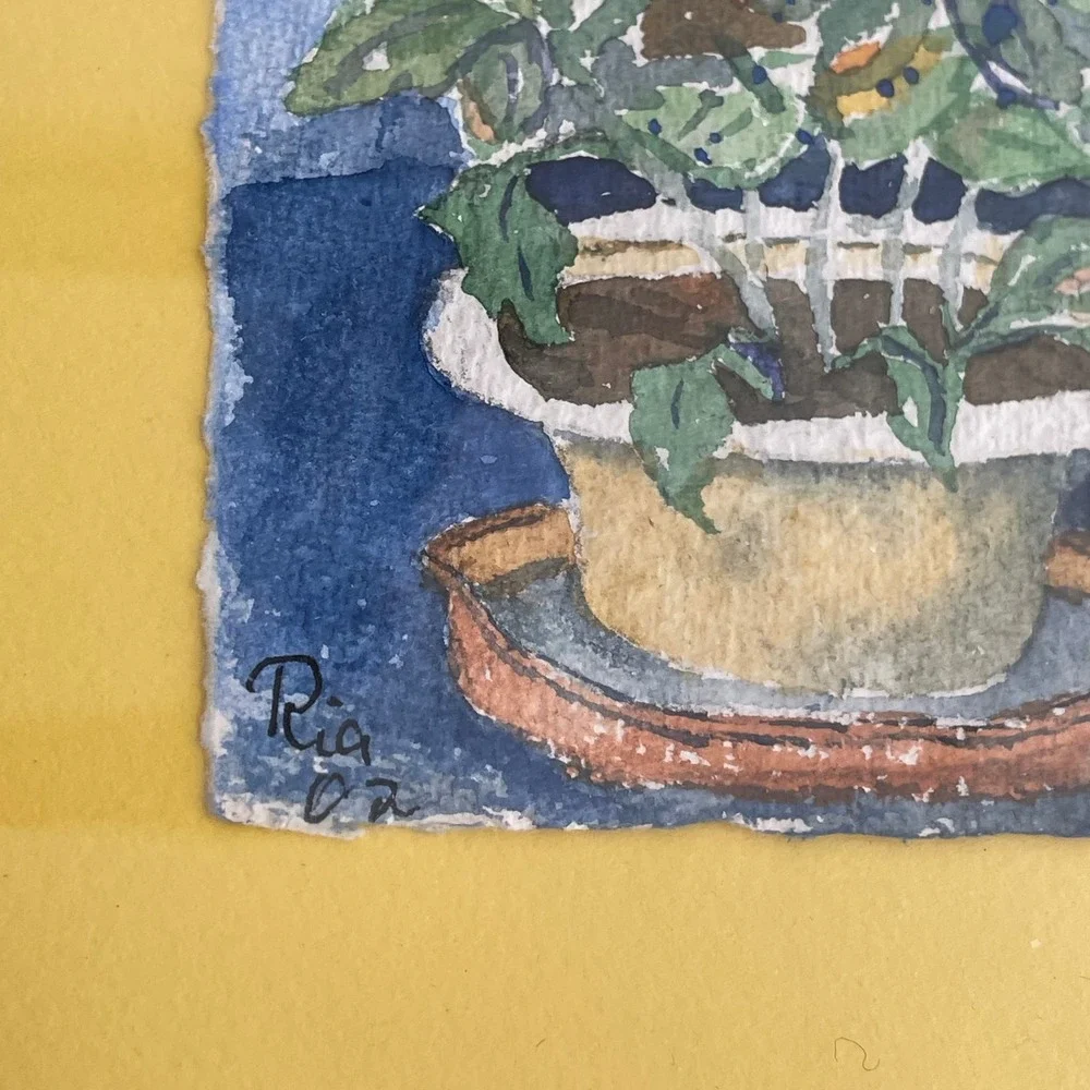 Original‎ Watercolor Art Plants Bright Colorful Signed Frames Set Small